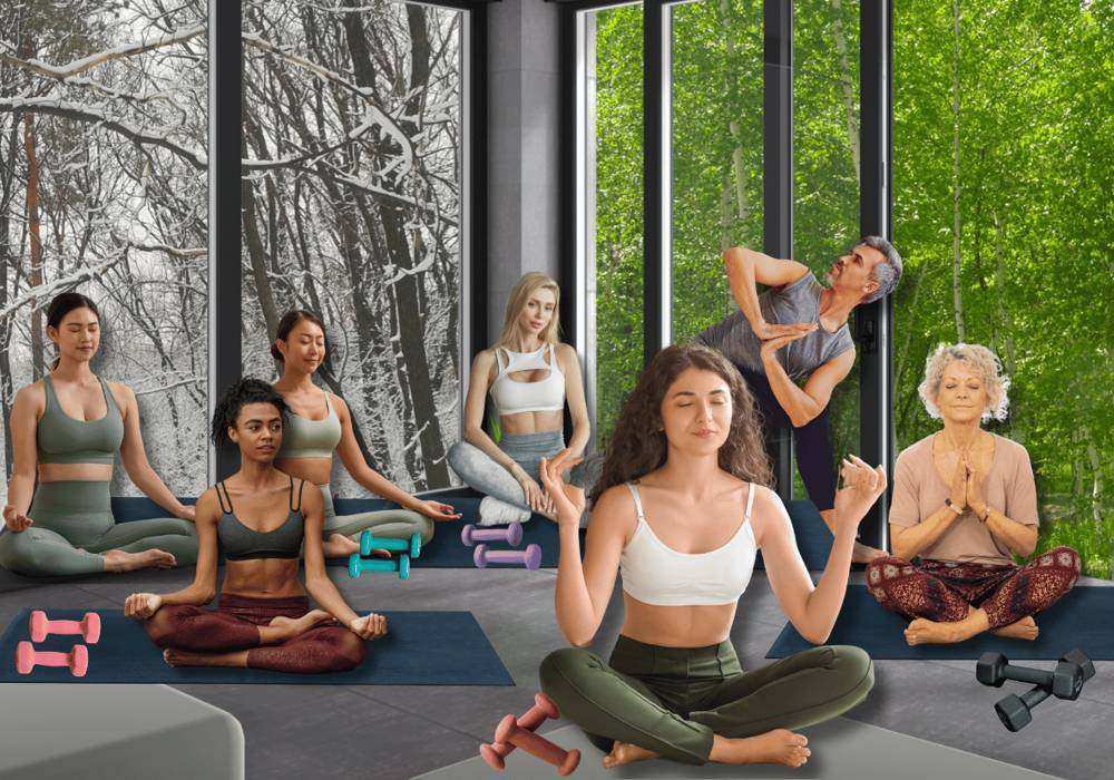 A group gathered together in a bright studio