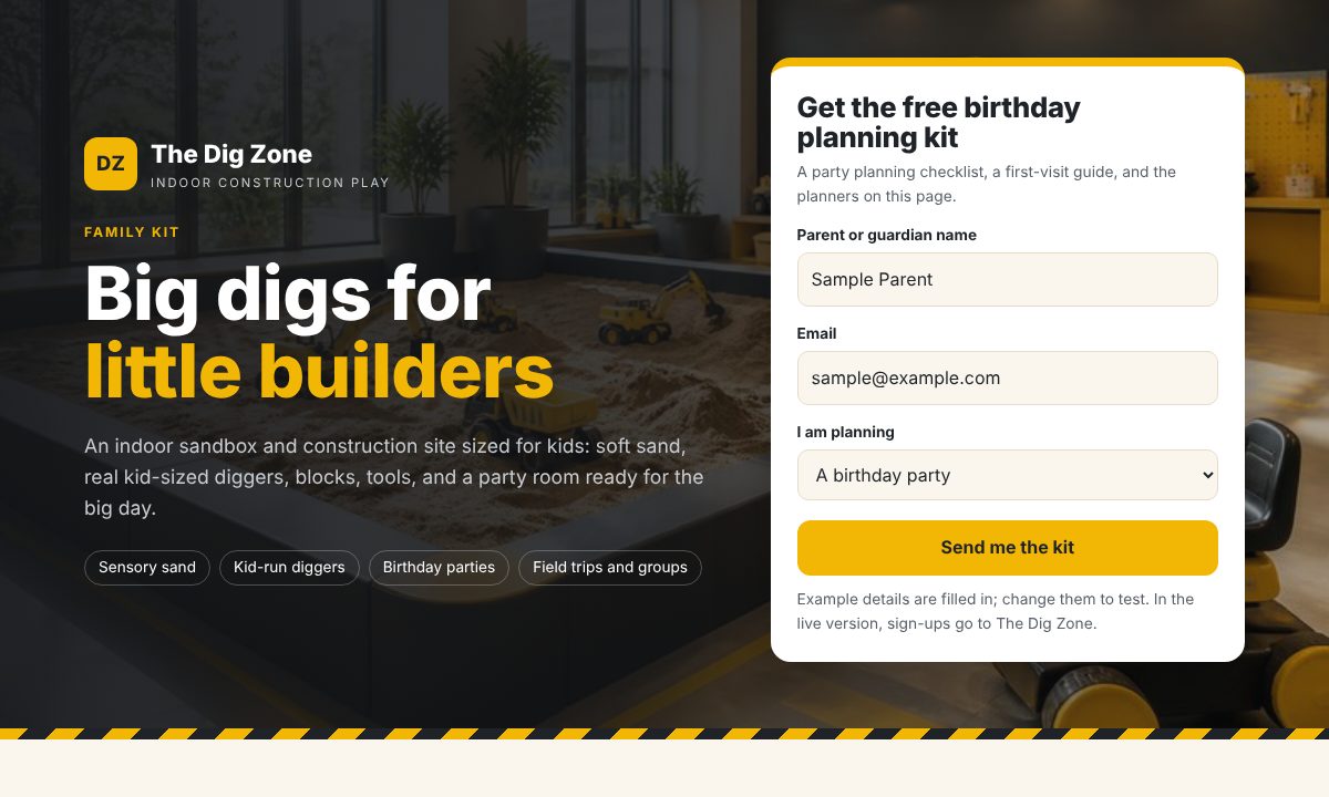The Dig Zone family kit with a birthday planning sign-up