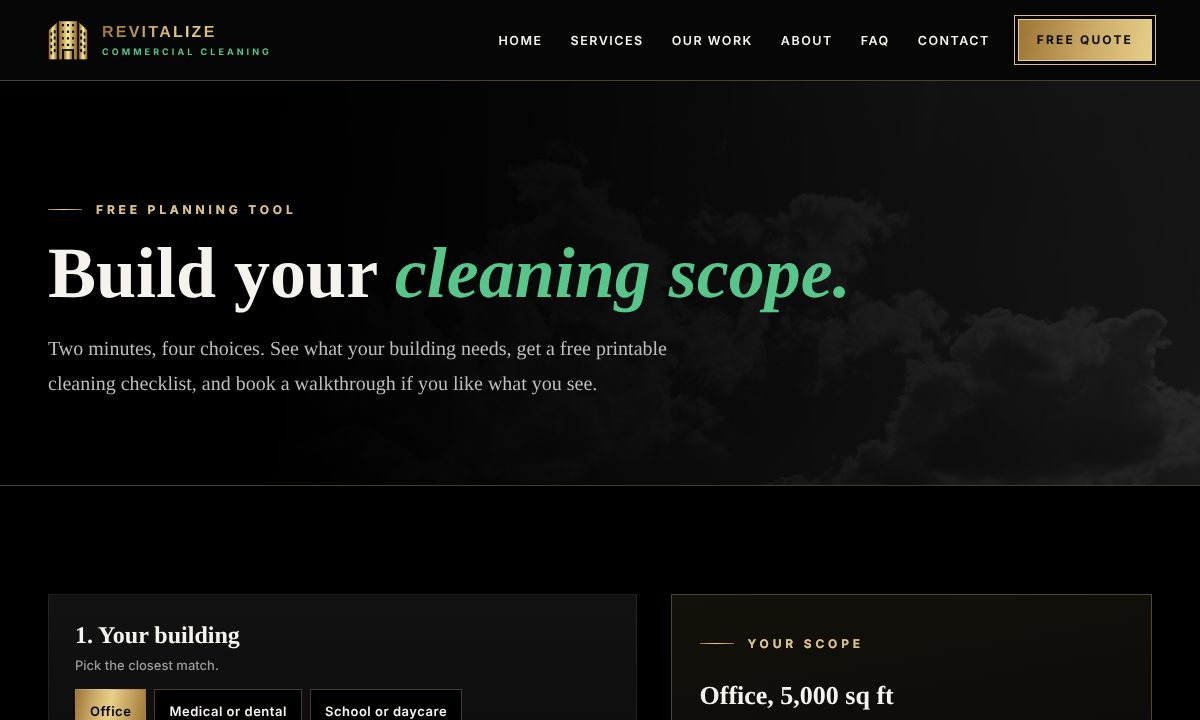 Revitalize Cleaning Scope Builder with building type and scope summary