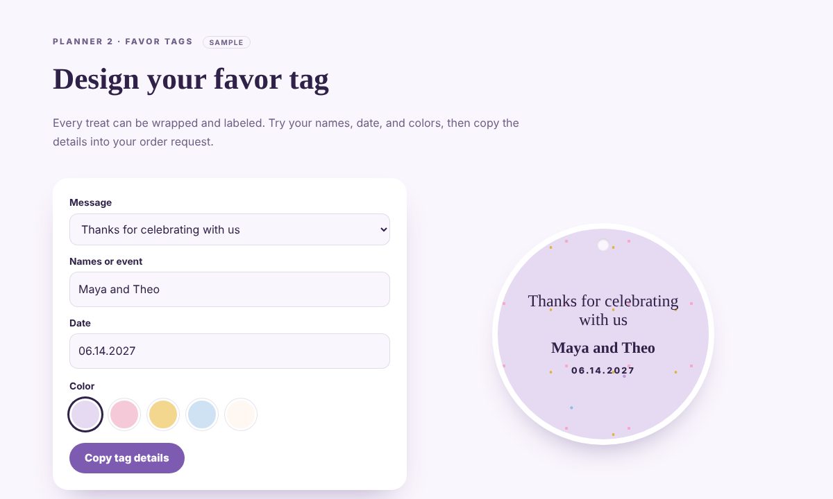 Sugar Revival favor tag designer with a round lilac tag