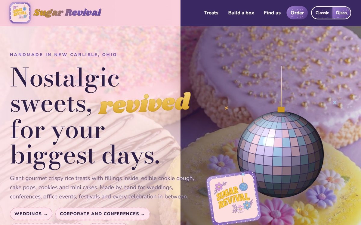 Sugar Revival website in its pink and disco looks