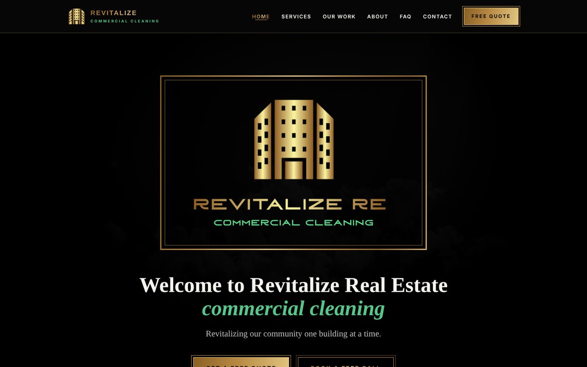 Revitalize Real Estate commercial cleaning website in black and gold